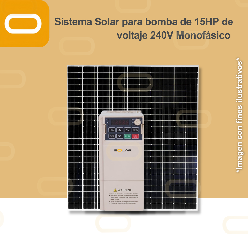 Sistema Solar para bomba de 15HP de voltaje 240V Monofásico