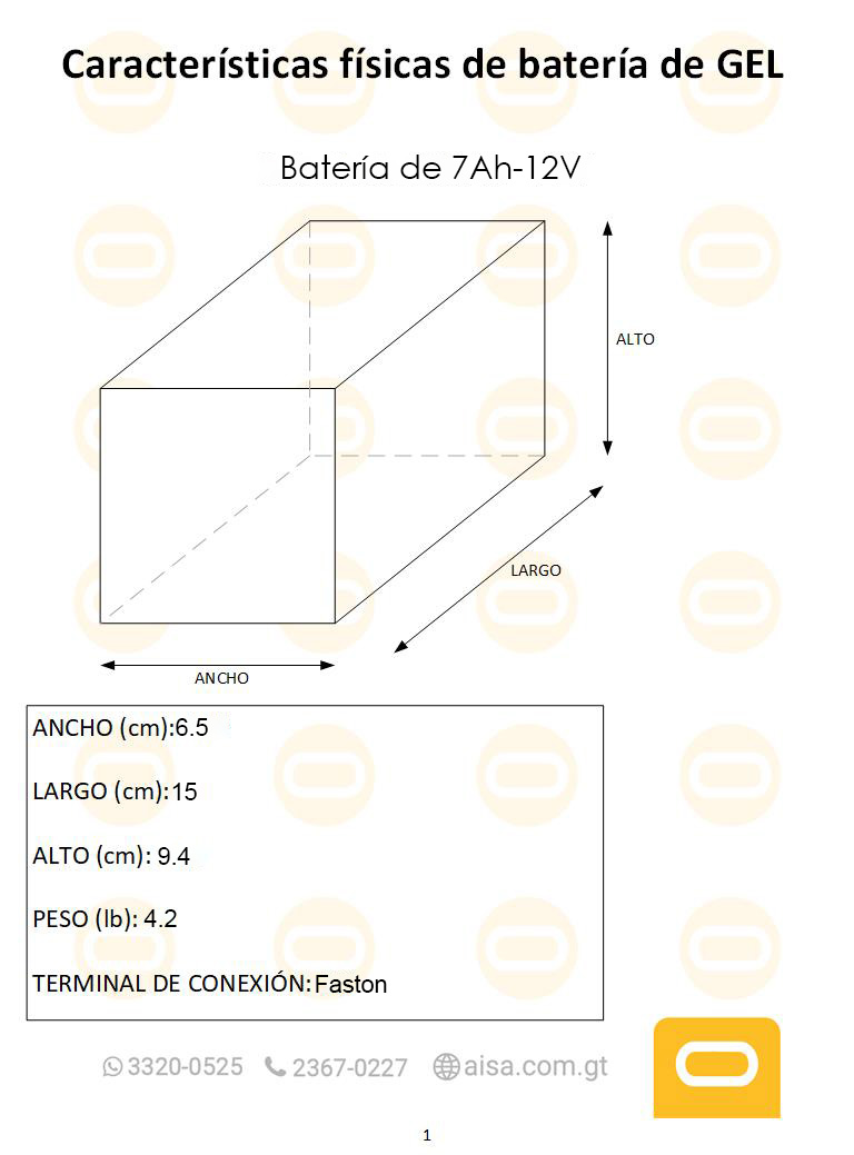 Dimensiones fisicas de Batería de Gel 7Ah / 12V