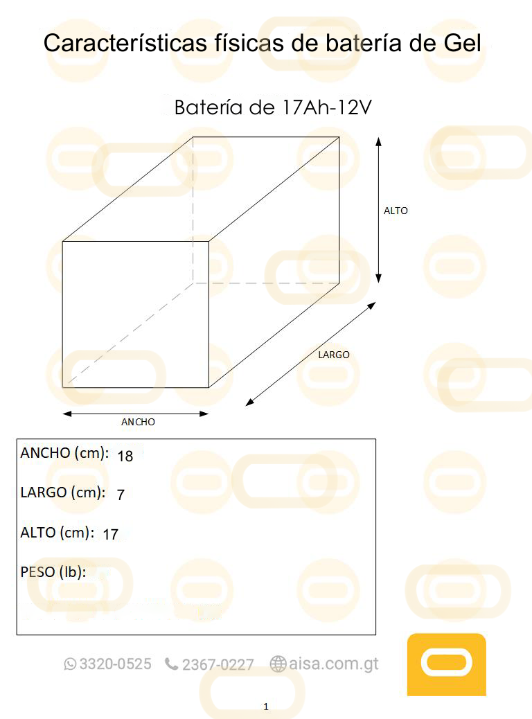 Dimensiones fisicas de Batería de Gel 17Ah / 12V