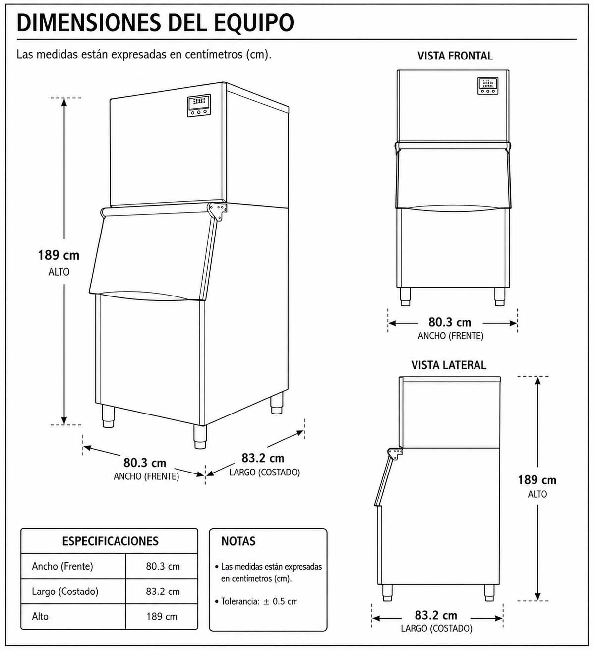 Dimensiones fisicas de Máquina de hacer hielo Comercial - MC1000P - (401 a 802 Lbs/24 hrs)