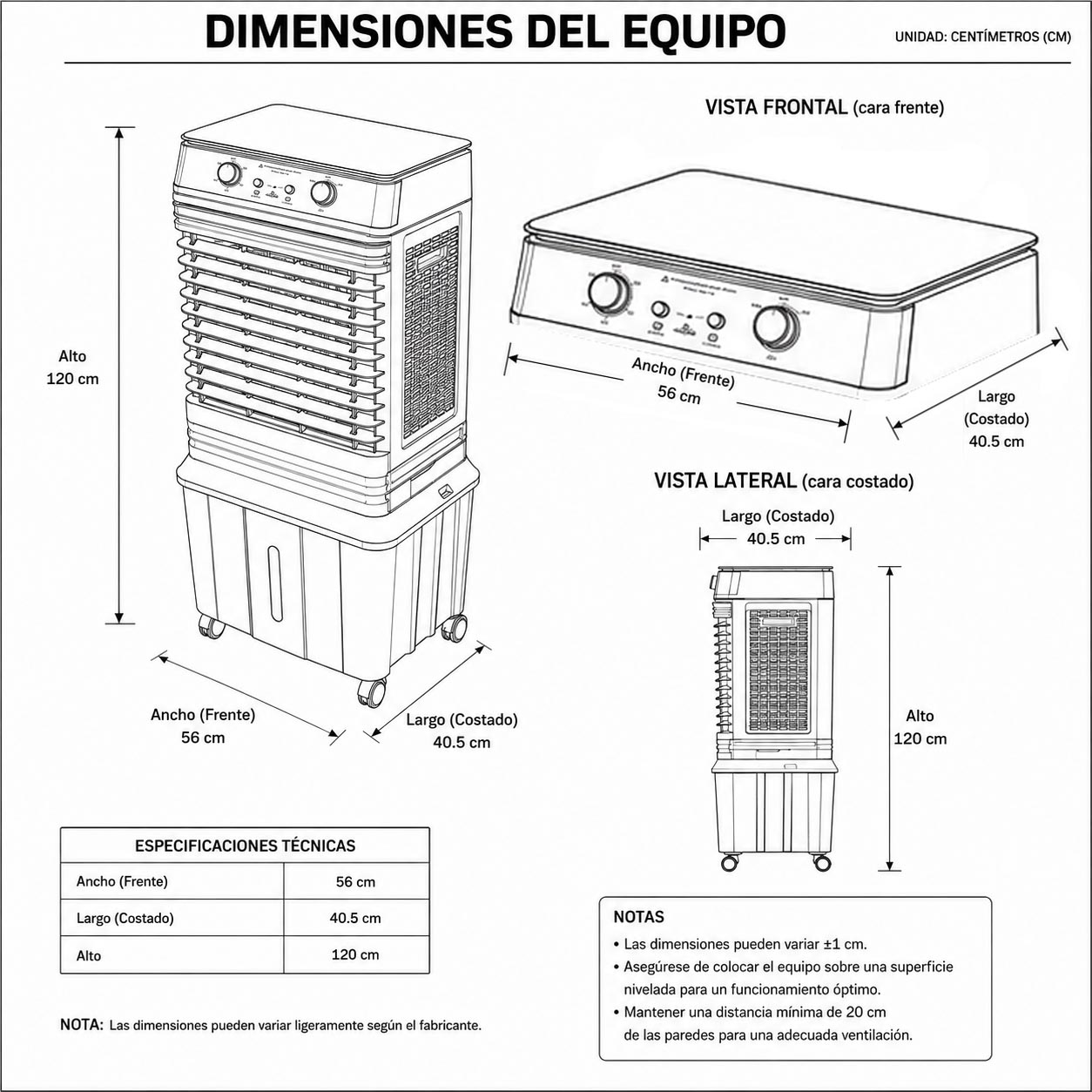 Dimensiones fisicas de Enfriador de Aire 65L