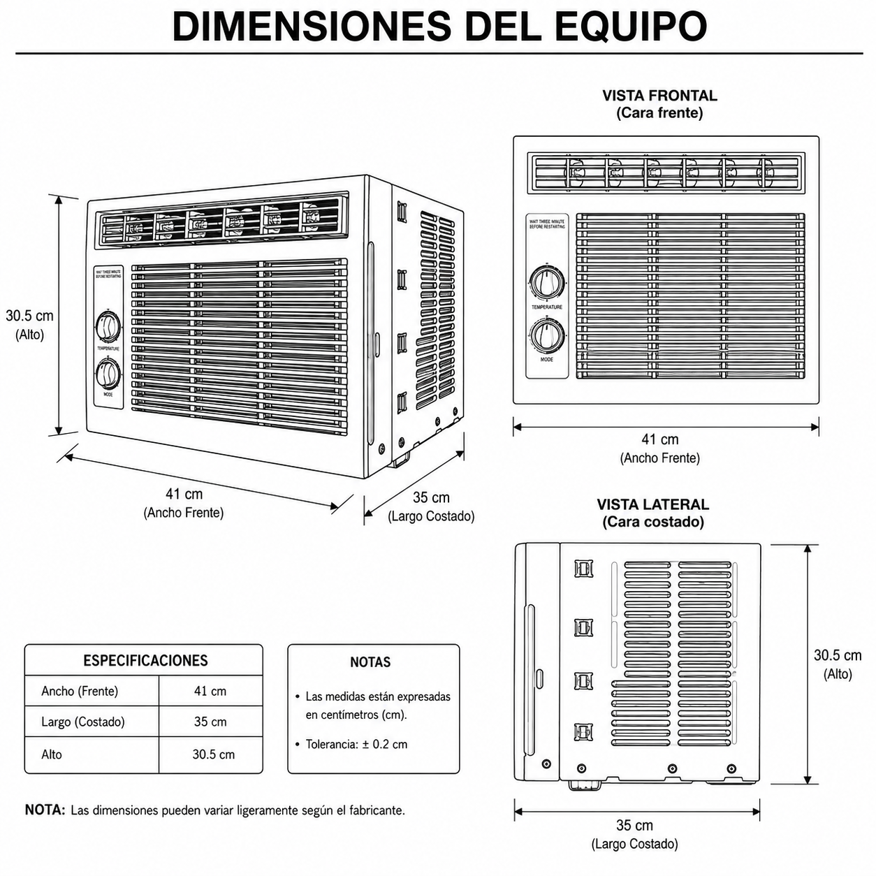 Dimensiones fisicas de Aire Acondicionado de Ventana-9,000 BTU/h