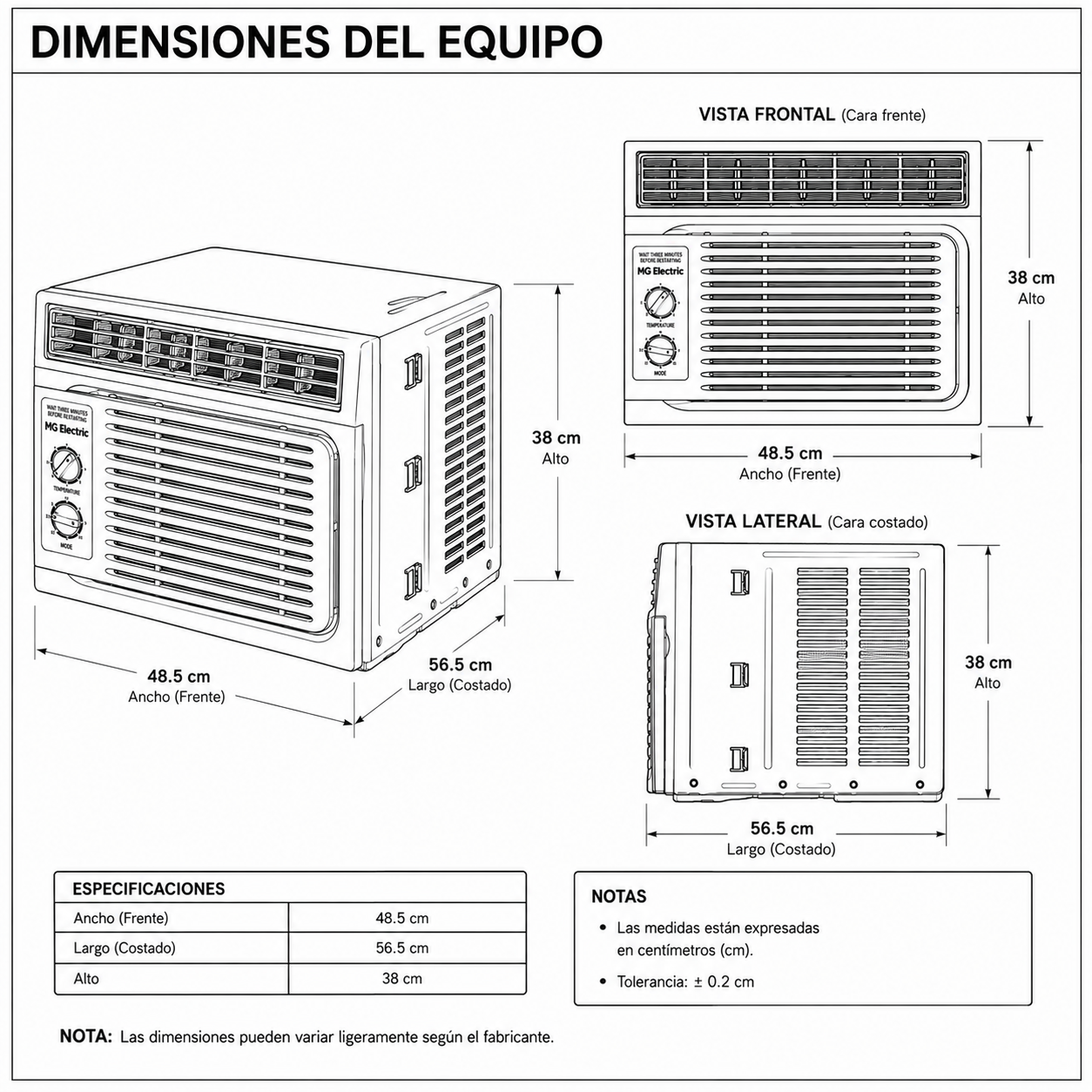 Dimensiones fisicas de Aire Acondicionado de Ventana-12,000 BTU/h