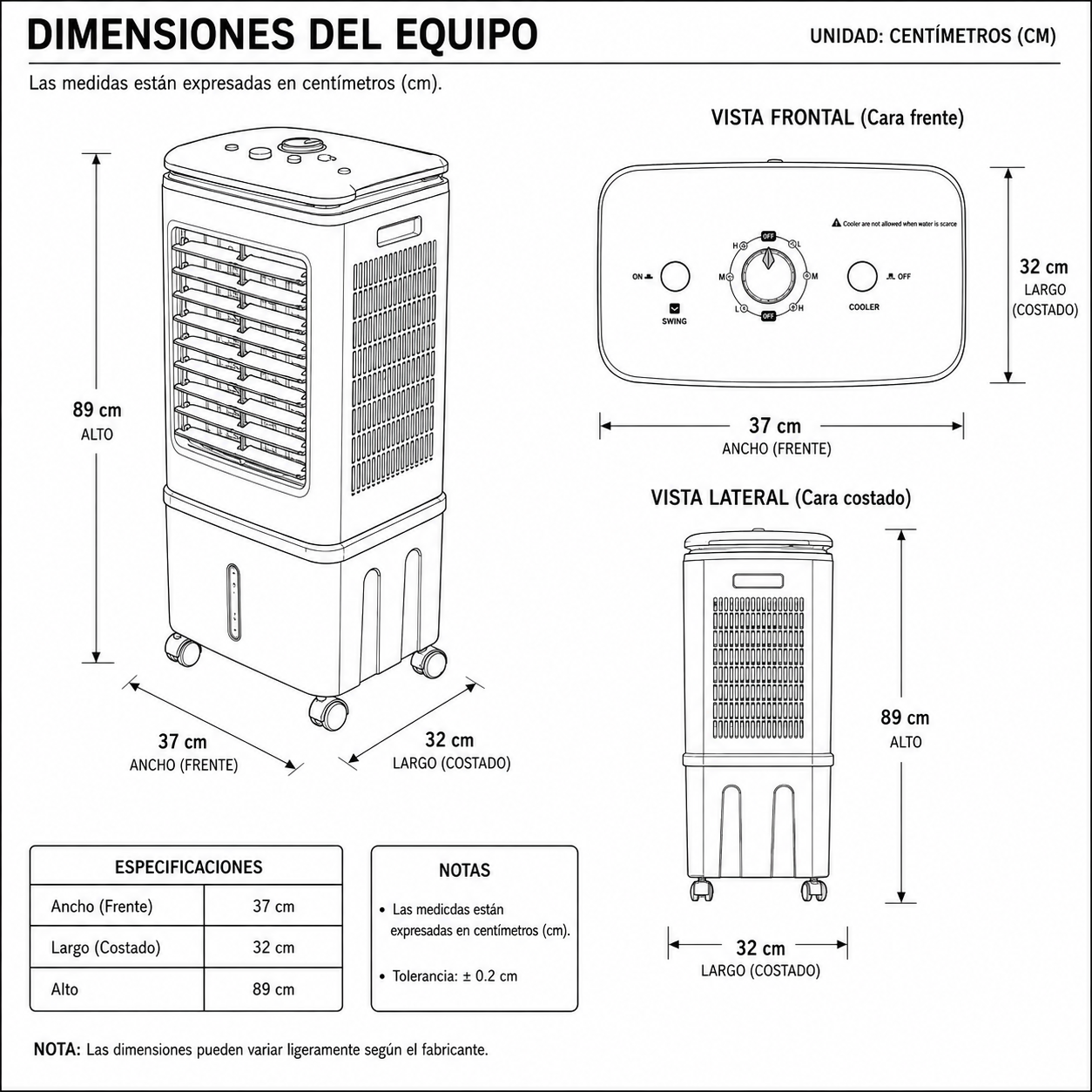 Dimensiones fisicas de Enfriador de Aire 35L